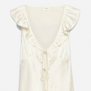 Aritzia Wilfred Tonka Satin Blouse sleeveless V-neck ruffled Light Birch XL NWT